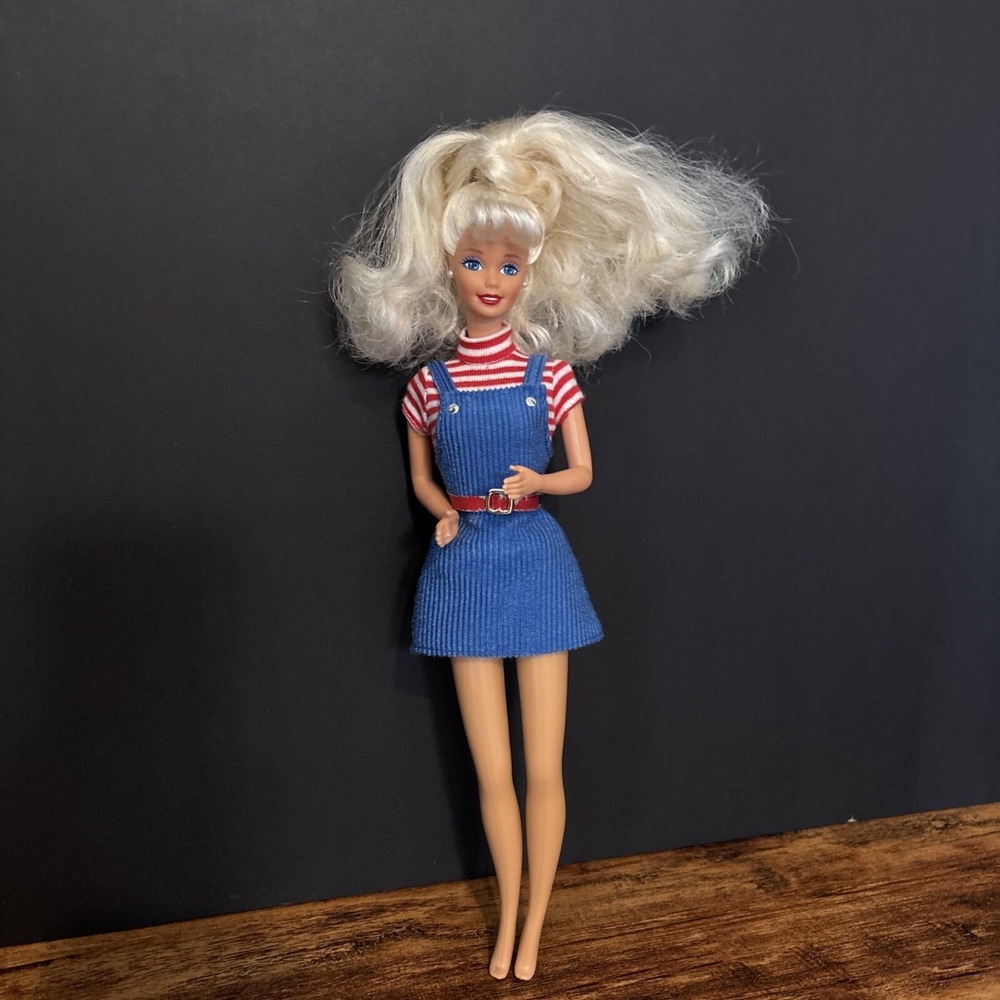 1966 Barbie Doll In Blue Cordory Dress Red And White Stripe Shirt